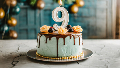 Festive happy birthday cream cake for nine-year-old child, 9 year anniversary celebration Sweet food