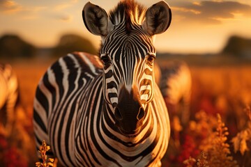 Zebra stands out in a group of wild animals in the savannah., generative IA
