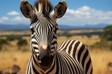 Schilderijen op glas Elegant zebra displays her stripes in the African savannah., generative IA © JONATAS