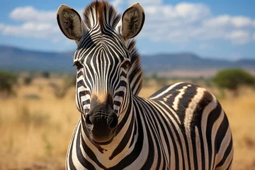 Schilderijen op glas Elegant zebra displays her stripes in the African savannah., generative IA © JONATAS