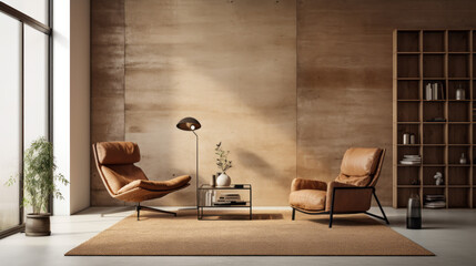 A modern living room with a cork wall, a leather armchair, and a natural wool rug