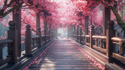 Beautiful pink cherry trees blooming extravagantly at the end of a wooden bridge in Park, Japan,...