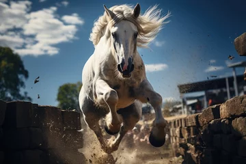 Tuinposter Horse jumping with grace on the equestrian track., generative IA © JONATAS