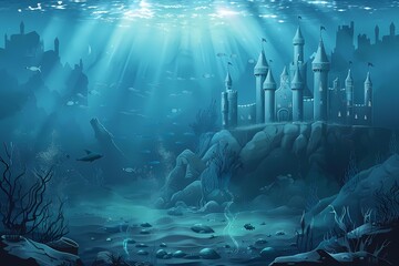 underwater sea or ocean view with castle cartoon - obrazy, fototapety, plakaty