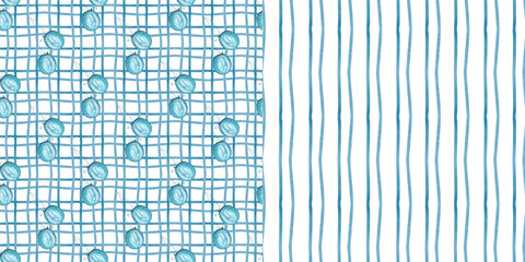 Blue companion patterns. Abstract prints: stripes and checks. Balloons. Seamless watercolor pattern