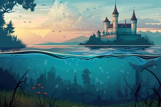 underwater sea or ocean view with castle cartoon