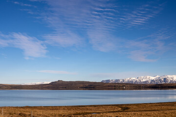Water of a fjord and mountains, Hvitserkur, Iceland