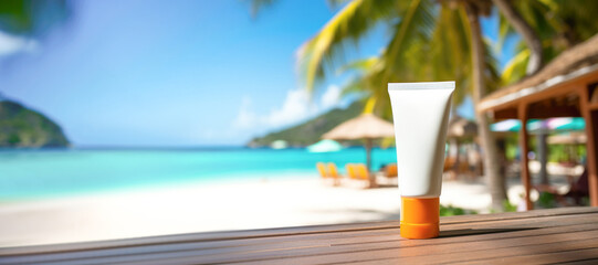 A tube of sunscreen lotion provides essential UV protection for a beach vacation under the summer sun. - obrazy, fototapety, plakaty