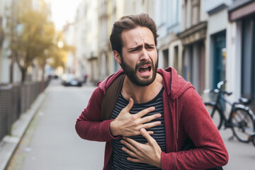 Cardiac emergency: A young man clutches his chest in pain, experiencing a heart attack and needing immediate medical attention. - obrazy, fototapety, plakaty