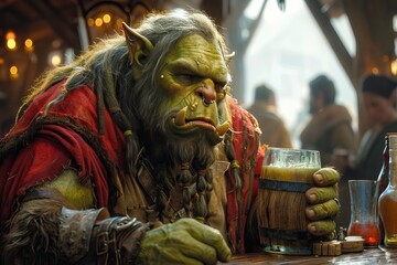 Fototapeta na wymiar Orc ogre sitting in a tavern relaxing while drinking in a wooden cup, aggressive, ugly, and malevolent race of fantasy monsters