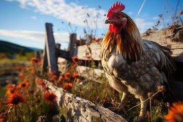 Curious chicken in a rural fence., generative IA
