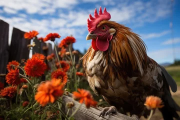Tuinposter Curious chicken in a rural fence., generative IA © JONATAS