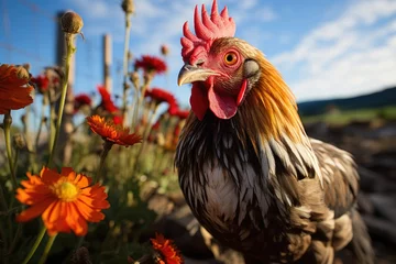 Türaufkleber Curious chicken in a rural fence., generative IA © JONATAS