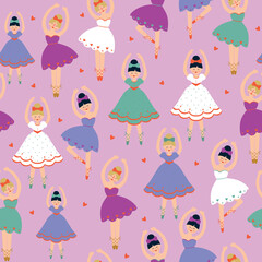 Seamless pattern with ballerinas on pink background. 