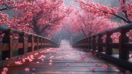 Beautiful pink cherry trees blooming extravagantly at the end of a wooden bridge in Park, Japan,...