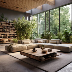 Fototapeta premium A modern living room with a comfortable sectional sofa, a built-in media unit, and a range of greenery accents