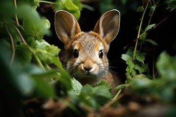 Naklejka na ściany i meble Curious rabbit peeking in shrub., generative IA