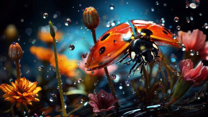 Obraz na płótnie Canvas 3D Ladybug & Fairy: Stunning 3D render of a ladybug landing on a magical fairy flower.