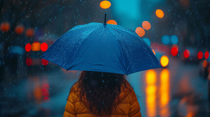 Blue Monday background. Most depressing day of the year. Feelings of depression, sadness, loneliness, melancholy. Lonely alone woman with big blue umbrella in city street 