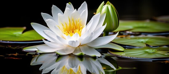 A white and yellow water lily blooms gracefully in a serene pond, its vibrant colors mirrored on the tranquil waters.