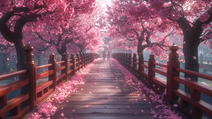 Foto op Canvas Beautiful pink cherry trees blooming extravagantly at the end of a wooden bridge in Park, Japan, Spring scenery of Japanese countryside with amazing sakura (cherry) blossoms. © Matthew