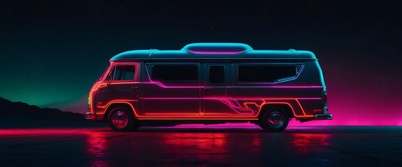 Futuristic Generic van concept design with colorful neon ambiance on black background as a wide banner with copyspace area.