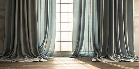 Graceful blue curtains drape elegantly beside a sunlit window creating a calm and peaceful interior