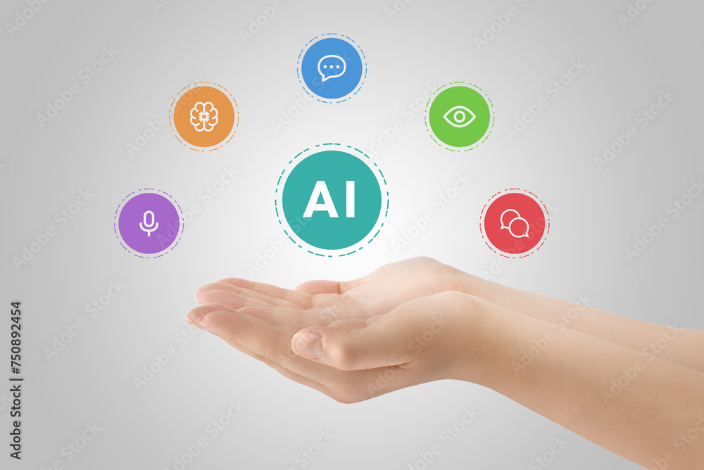 Aufkleber hand presenting levitating ai icons: natural language processing, computer vision, speech recognitio