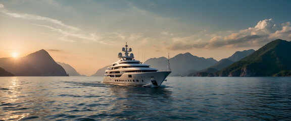 Luxury yacht sailing in the middle of the sea beside an island and mountains in the horizon at...