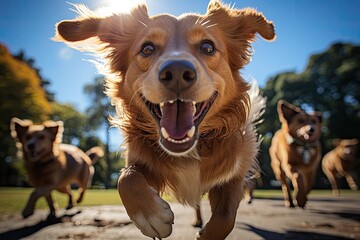 Happy dog ??playing in the park with other dogs., generative IA