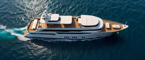 Luxury yacht sailing in the middle of the sea, aerial view for logistics and supply chains cargo delivery services as wide banner design with copy space area.