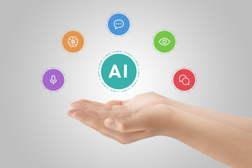 Hand presenting levitating AI icons: natural language processing, computer vision, speech recognition, machine learning, conversational AI. Illustrating artificial intelligence concept