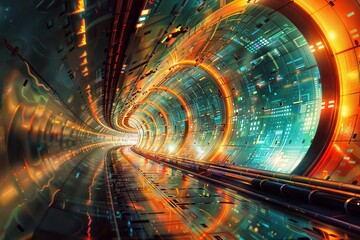 Futuristic Tunnel: A train streaks through a futuristic tunnel, bathed in colorful lights.