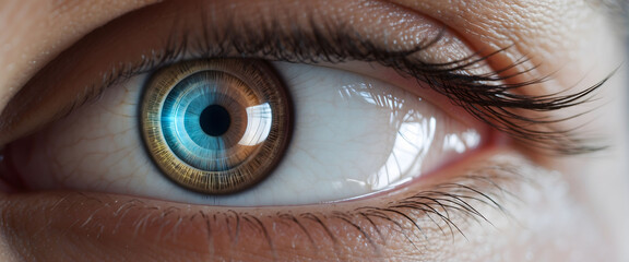 Close up of eye with virtual hologram elements for surveillance and digital ID verification or Lasik vision laser correction as wide banner with copy space area.