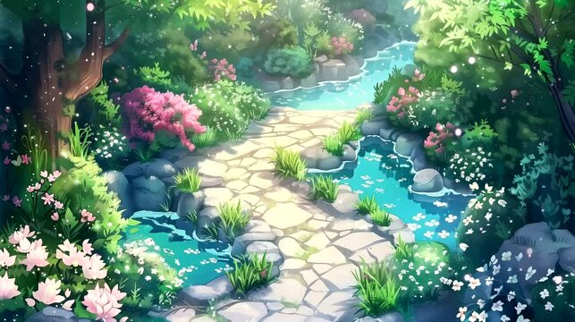 The tranquility of a hidden garden with winding paths and blooming flowers from top view. Fantasy landscape anime or cartoon style, looping 4k video animation background