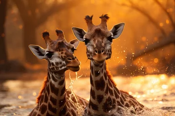 Gordijnen Giraffes dancing in the African savannah., generative IA © JONATAS