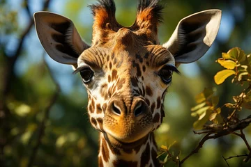 Gordijnen Curious giraffe watches visitors from the zoo., generative IA © JONATAS