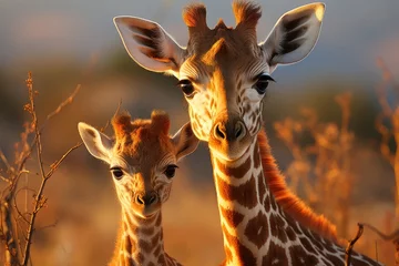 Gardinen Mother and puppy giraffes love and protection in the savannah., generative IA © JONATAS