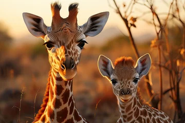 Fotobehang Mother and puppy giraffes love and protection in the savannah., generative IA © JONATAS