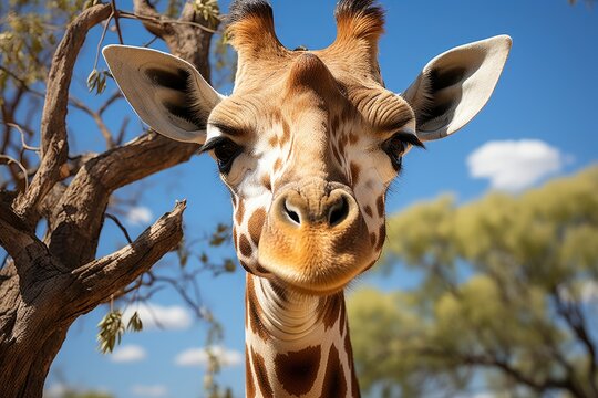 Curious giraffe watches visitors from the zoo., generative IA