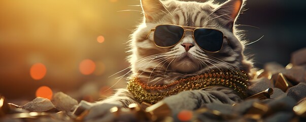Stylish Cat with Sunglasses and Gold Chain Surrounded by Dollar Bills. Concept Cat Fashion, Sunglasses, Gold Chain, Dollar Bills, Stylish Pets
