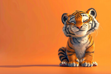 Charming animated tiger cub smiling and closing its eyes in contentment, set against a warm orange background