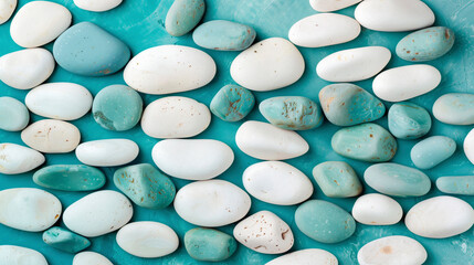 Sea pebbles of different shapes, white and turquoise colors. Stone background. Abstract pebble texture. Concrete birch background. Generative AI.с