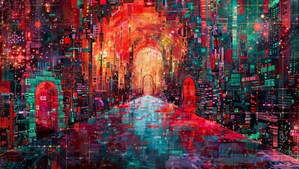 Cyberpunk Cityscape: A vibrant cityscape with red and green lights, capturing the neon-drenched aesthetic of cyberpunk.