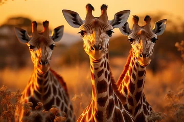 Fotobehang Elegant giraffes cross the golden savannah., generative IA © JONATAS