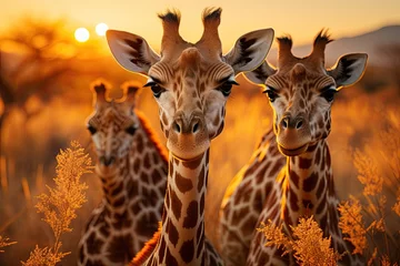 Gordijnen Elegant giraffes cross the golden savannah., generative IA © JONATAS