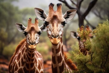 Fototapeta premium Giraffes are sheltered under rain tree., generative IA