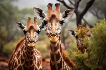 Poster Giraffes are sheltered under rain tree., generative IA © JONATAS
