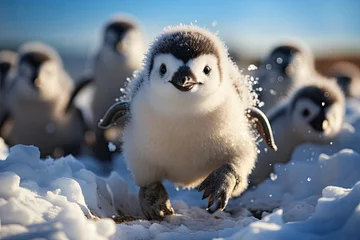 Fotobehang Penguins babies sliding in the snow from Antarctica., generative IA © JONATAS