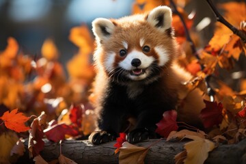 Red panda puppy playing on tree., generative IA